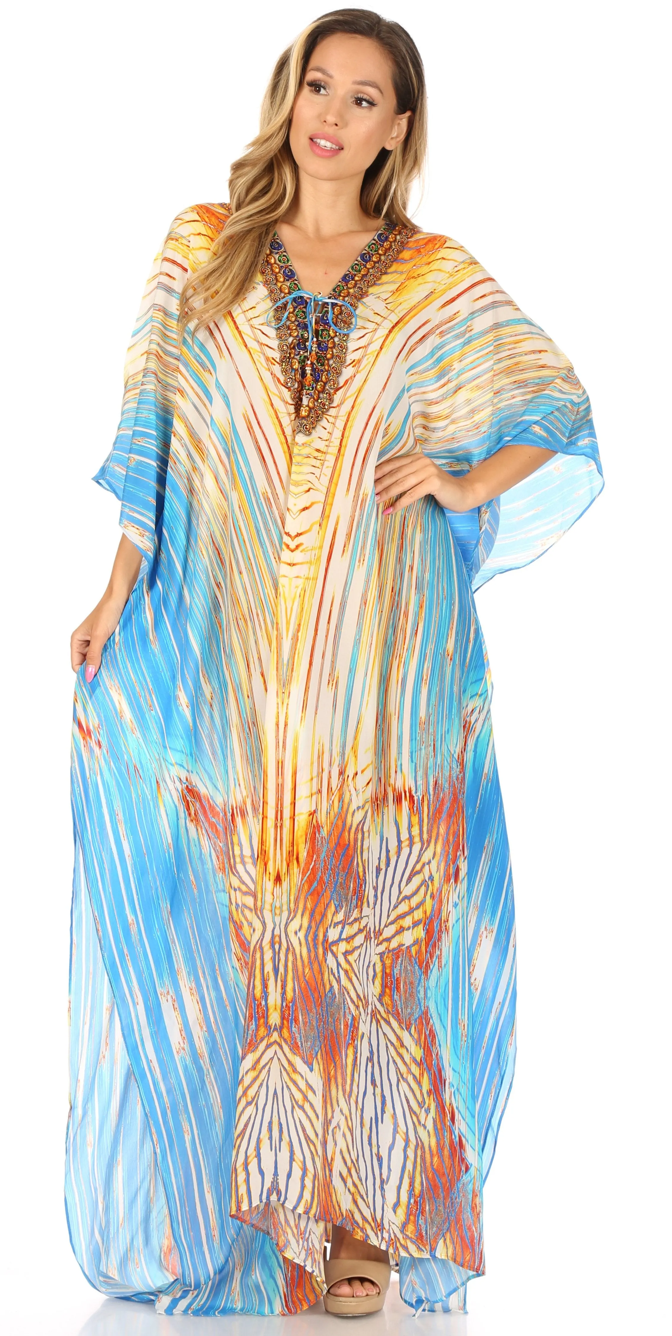 Sakkas Georgettina Flowy Rhinestone V Neck Long Caftan Dress/Cover Up