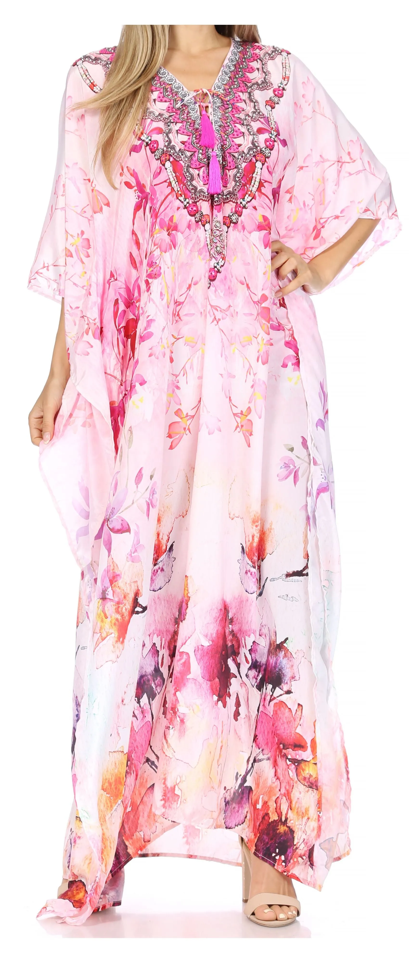 Sakkas Georgettina Flowy Rhinestone V Neck Long Caftan Dress/Cover Up