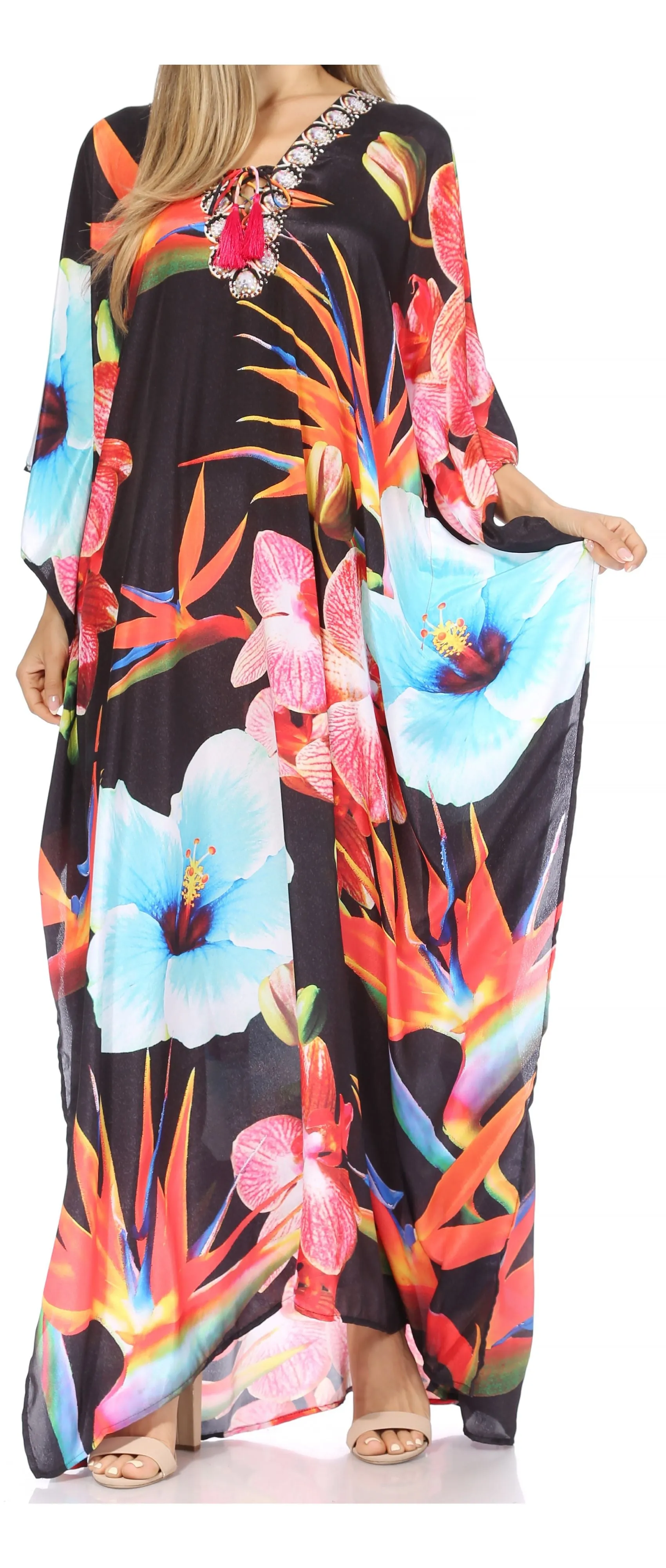 Sakkas Georgettina Flowy Rhinestone V Neck Long Caftan Dress/Cover Up