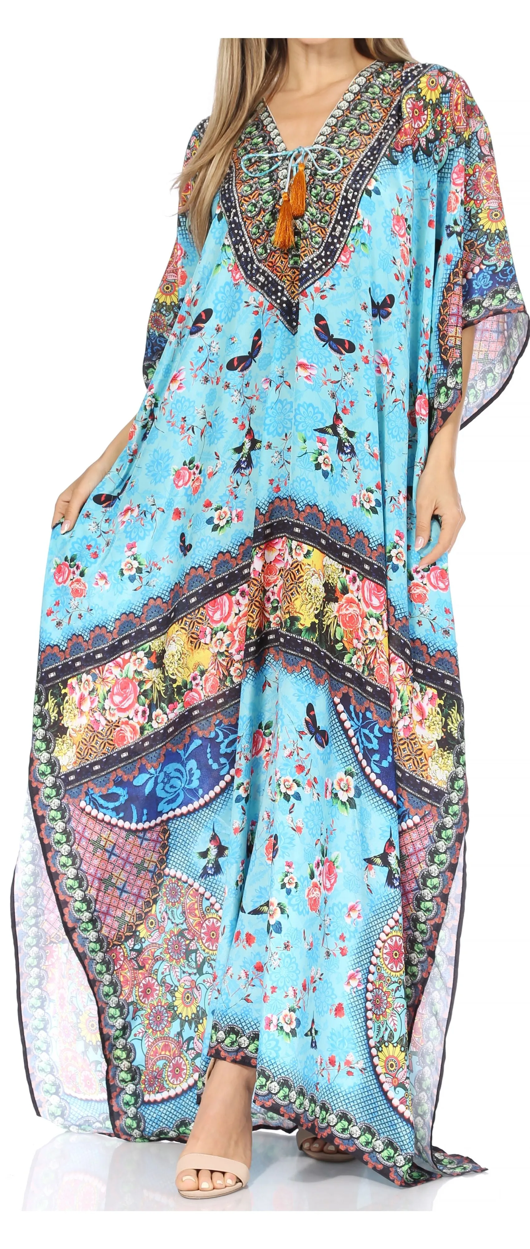 Sakkas Georgettina Flowy Rhinestone V Neck Long Caftan Dress/Cover Up