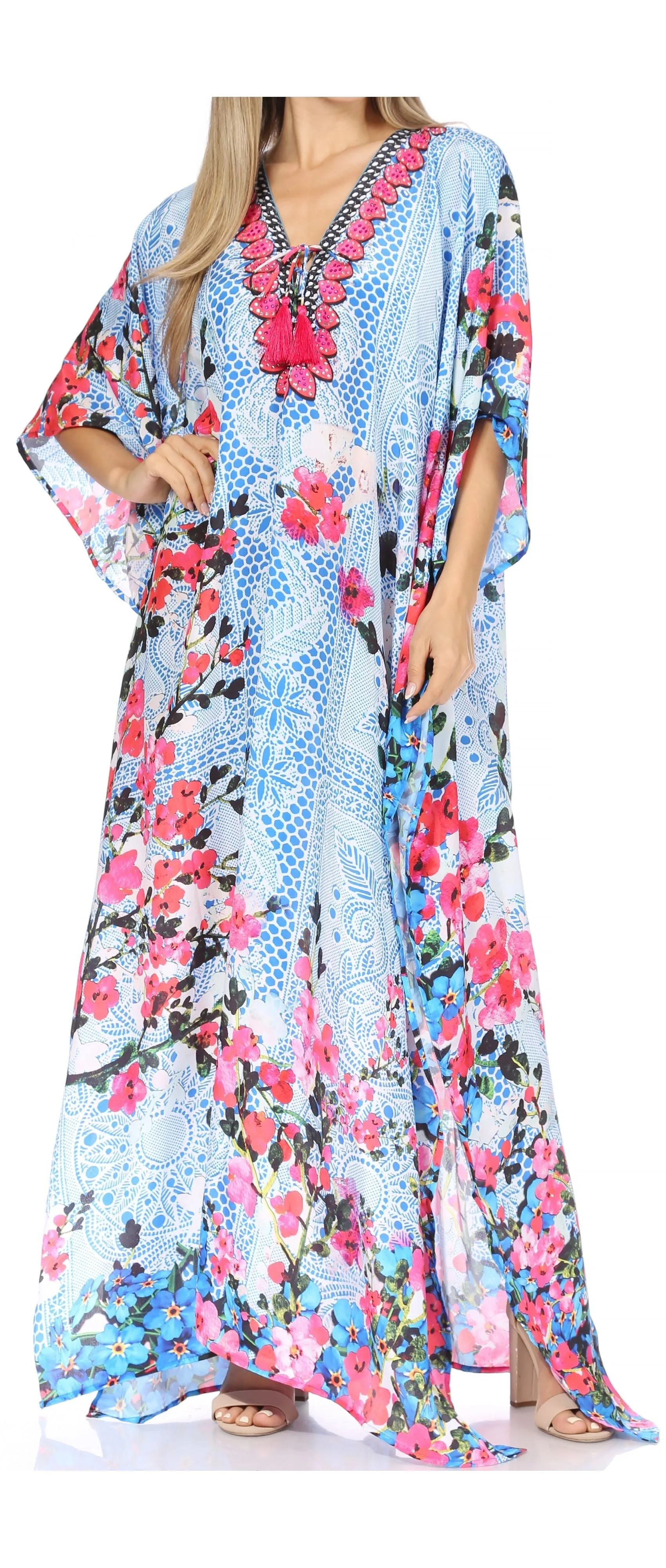 Sakkas Georgettina Flowy Rhinestone V Neck Long Caftan Dress/Cover Up