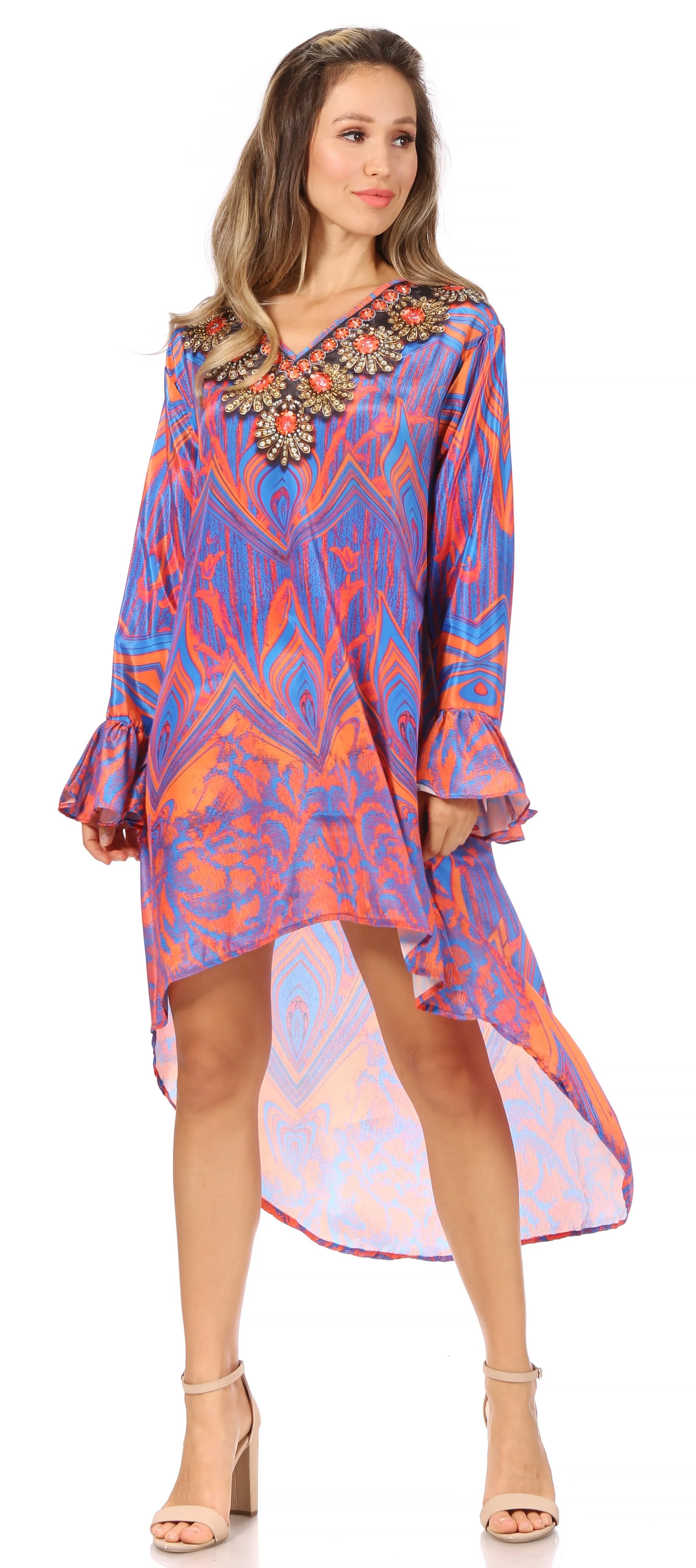 Sakkas Rema Women's Boho Shift Tunic High Low  V-neck Long Sleeve Dress with Print