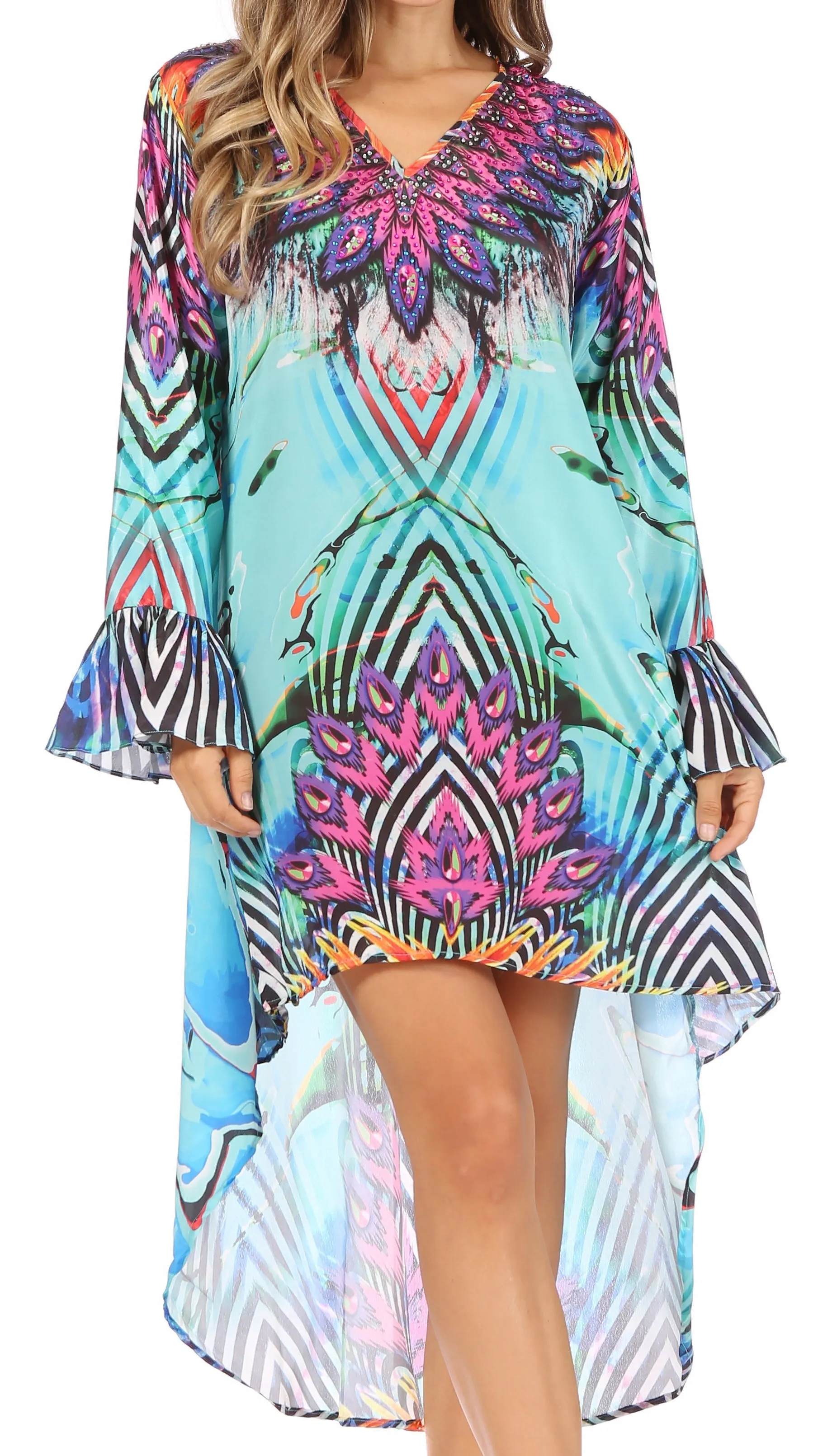 Sakkas Rema Women's Boho Shift Tunic High Low  V-neck Long Sleeve Dress with Print