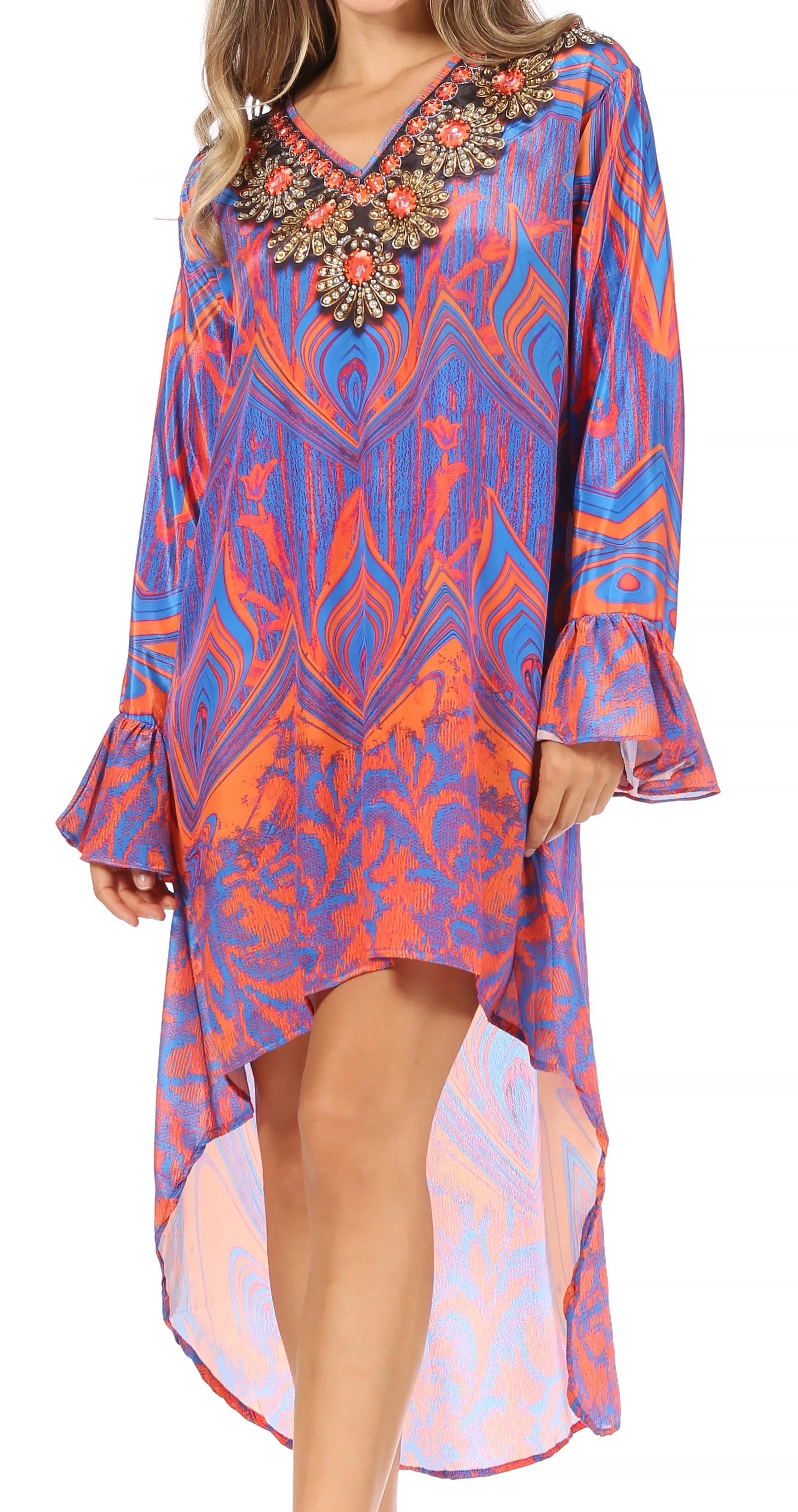 Sakkas Rema Women's Boho Shift Tunic High Low  V-neck Long Sleeve Dress with Print