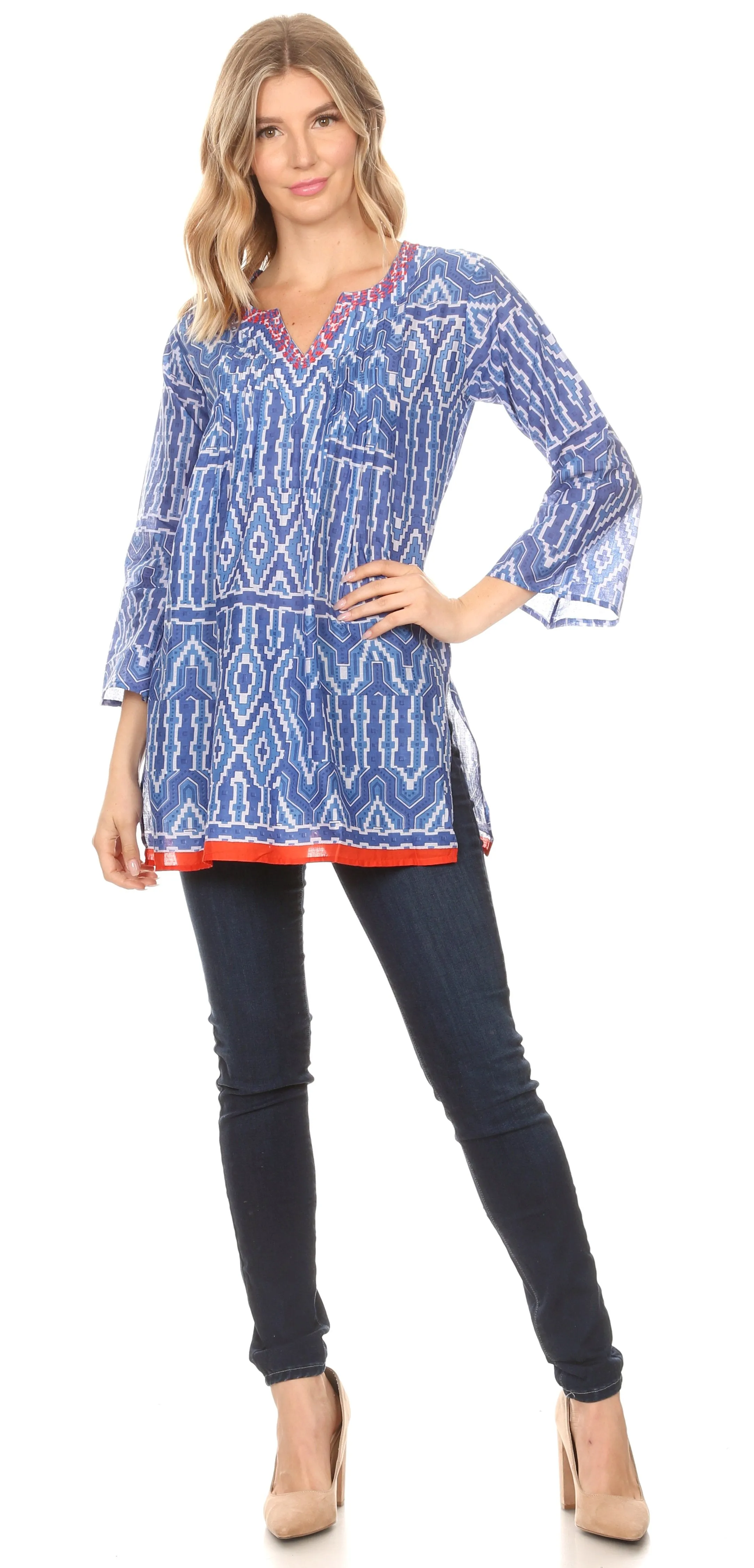 Sakkas Sasa Women's Casual Summer Cotton 3/4 Sleeve Print Loose Tunic Top Blouse