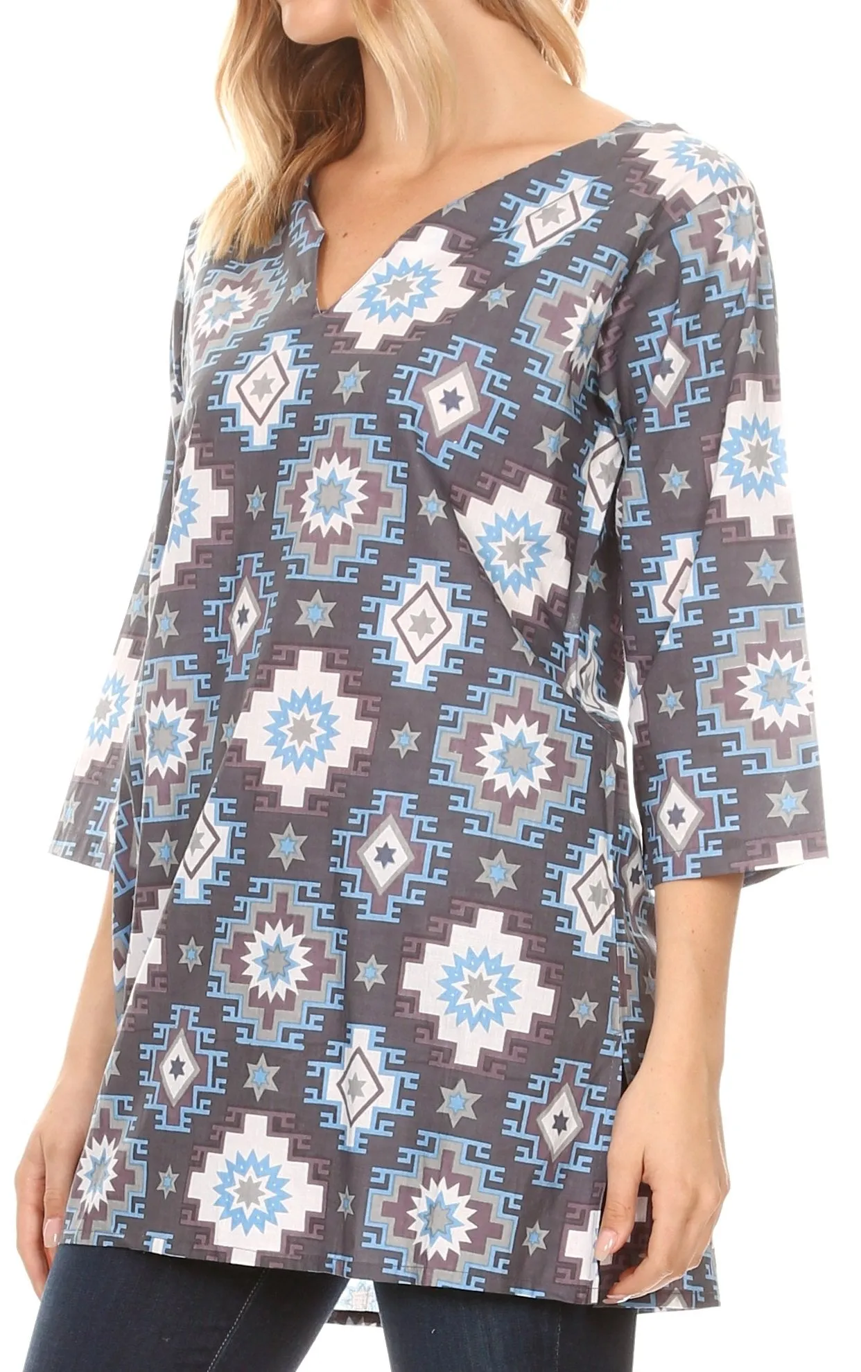 Sakkas Sasa Women's Casual Summer Cotton 3/4 Sleeve Print Loose Tunic Top Blouse