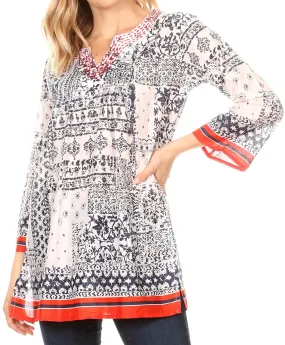 Sakkas Sasa Women's Casual Summer Cotton 3/4 Sleeve Print Loose Tunic Top Blouse