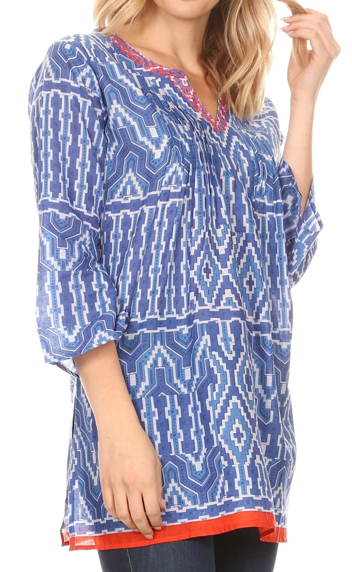 Sakkas Sasa Women's Casual Summer Cotton 3/4 Sleeve Print Loose Tunic Top Blouse