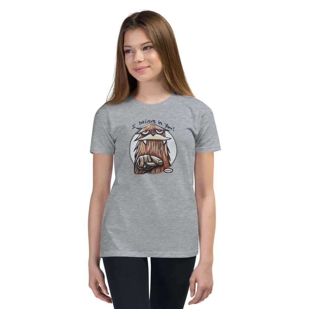 Sasquatch I Believe in You Light Heather Gray Youth T-Shirt | Wearable Art by Seattle Mural Artist Ryan "Henry" Ward