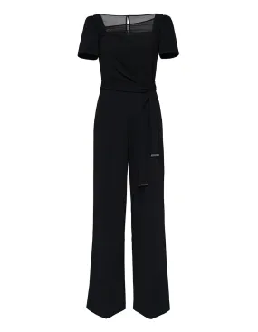 Scuba Crepe Mesh Asymmetrical V-Neck Jumpsuit