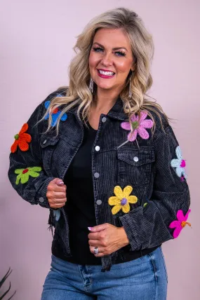 Seeking Adventure Black/Multi Color Floral Corduroy Cropped Jacket - O5517BK