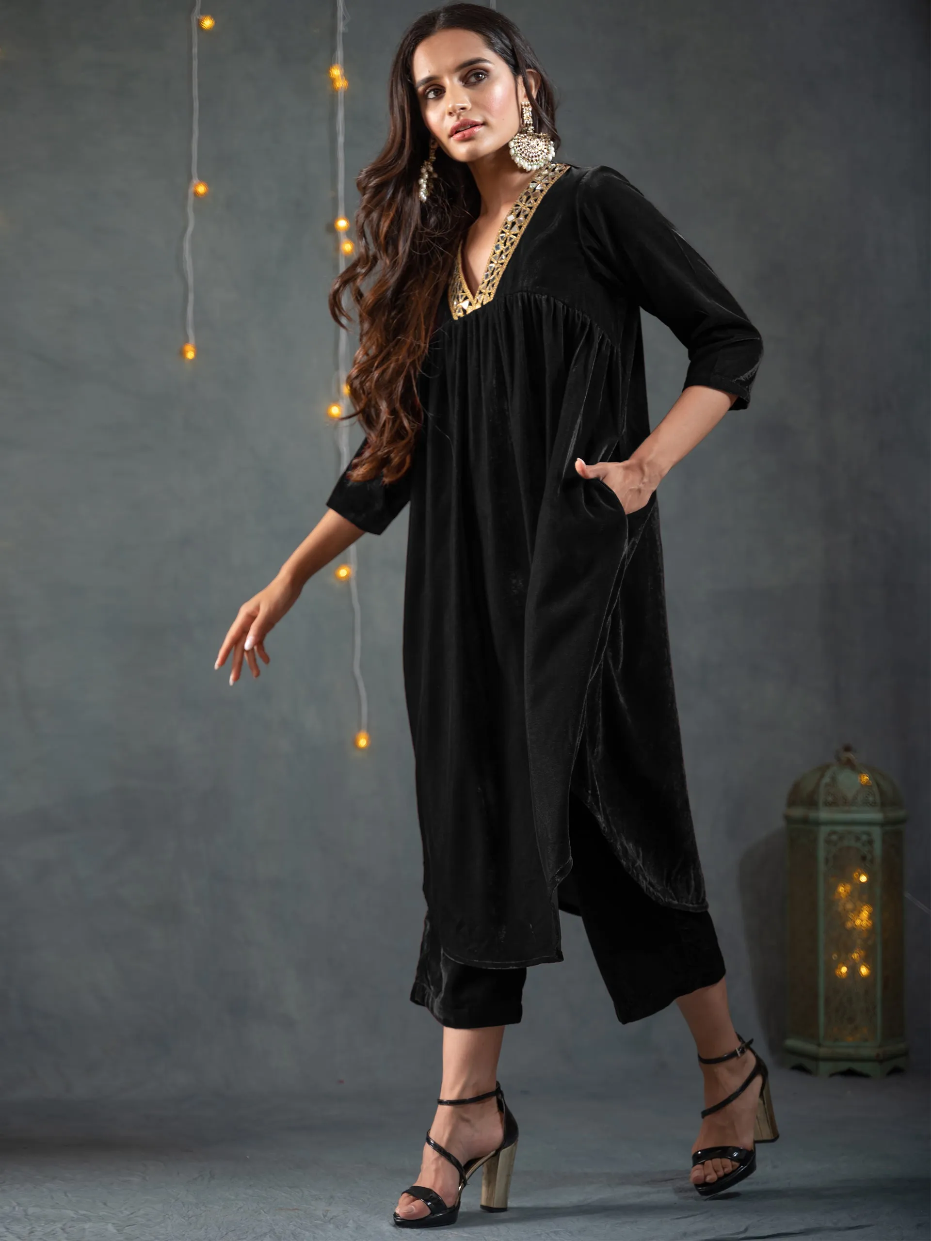 SET Black Velvet Gathered Kurta Pant