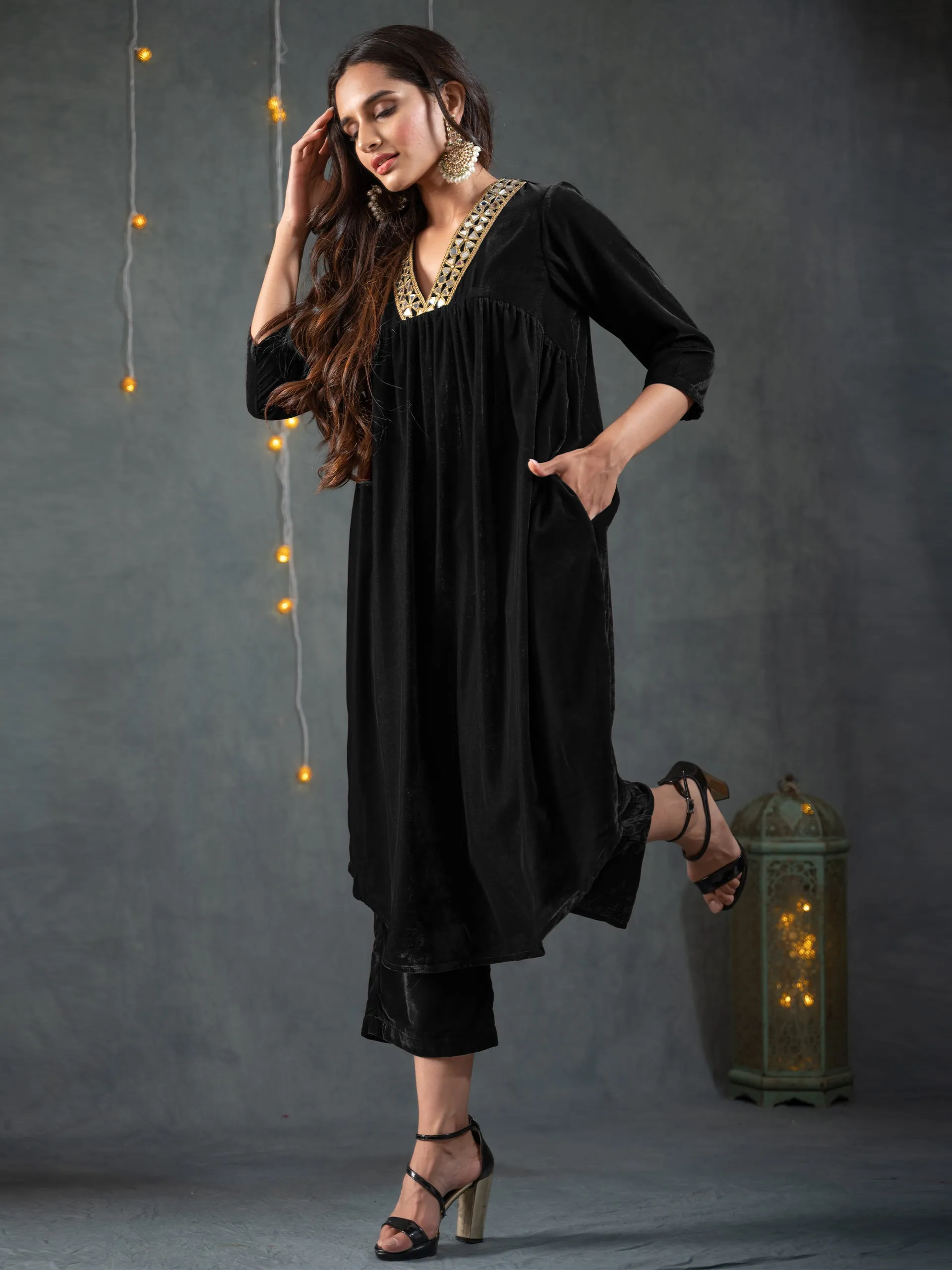 SET Black Velvet Gathered Kurta Pant