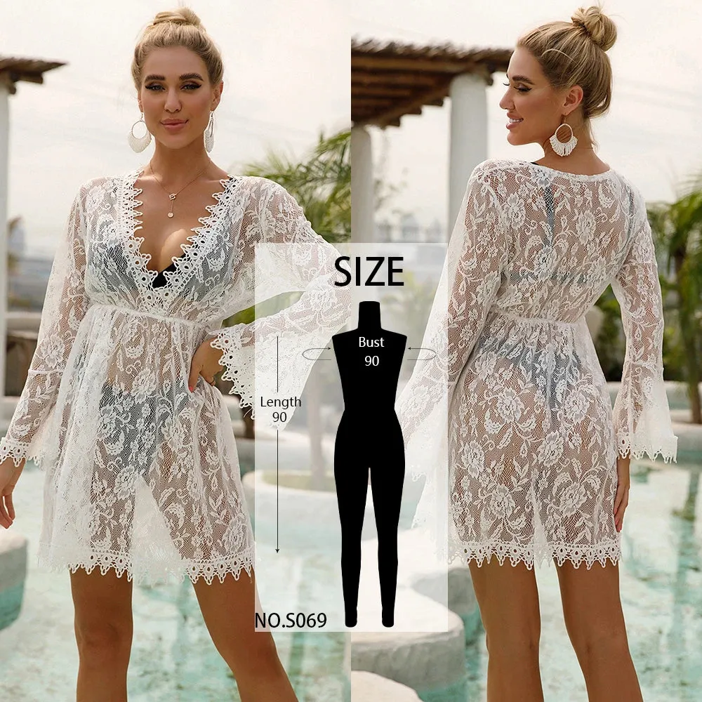 Sexy Bikini Cover-Ups Long White Tunic Casual Summer Beach Dress Elegant Women Plus Size Beach Wear Swim Suit Cover Up