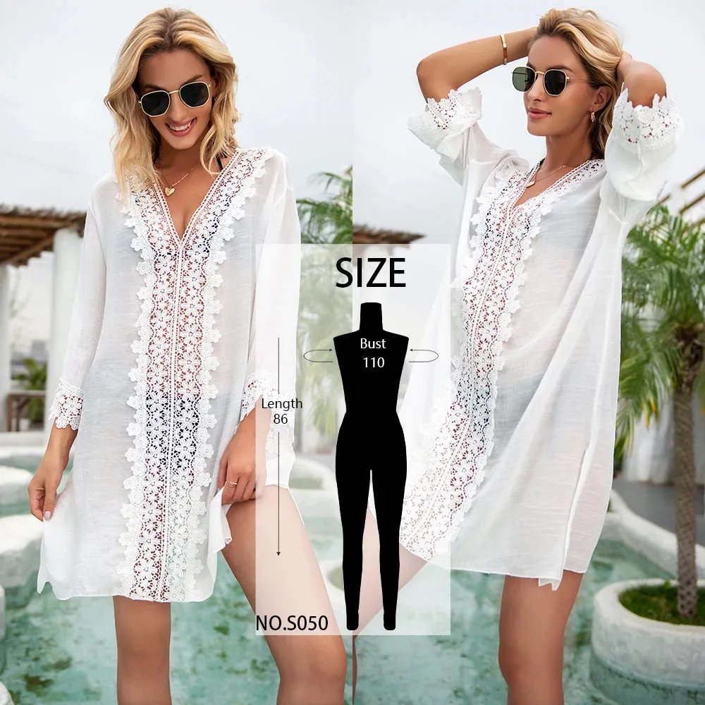 Sexy Bikini Cover-Ups Long White Tunic Casual Summer Beach Dress Elegant Women Plus Size Beach Wear Swim Suit Cover Up