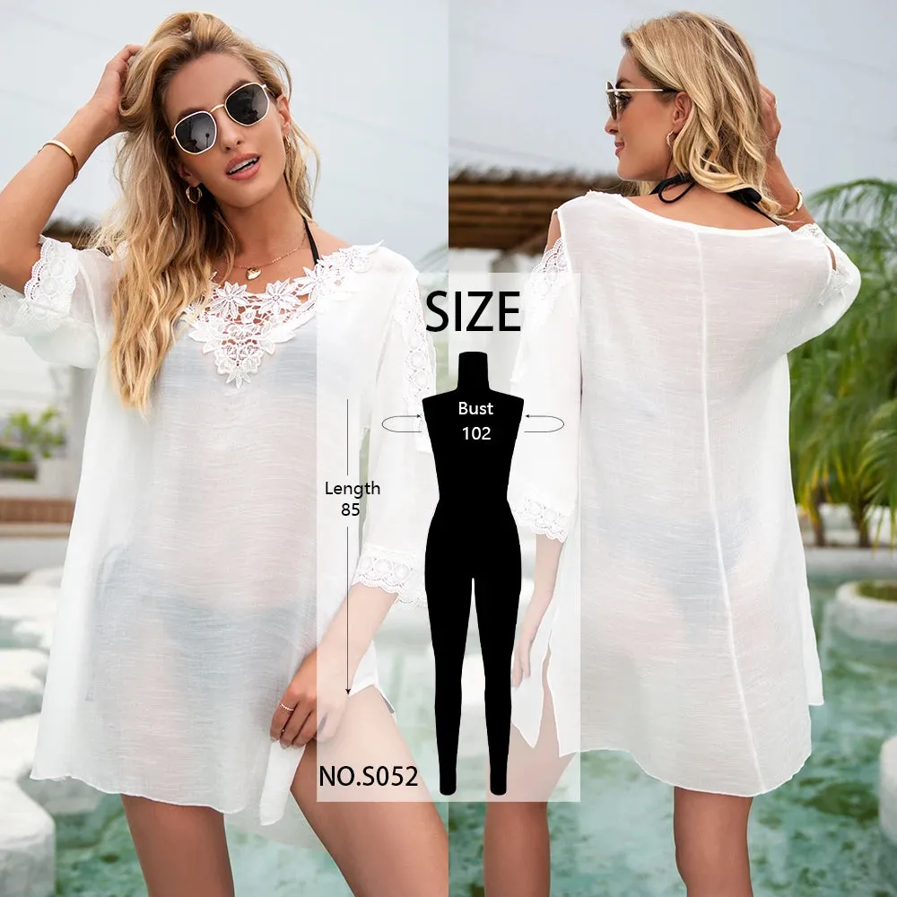 Sexy Bikini Cover-Ups Long White Tunic Casual Summer Beach Dress Elegant Women Plus Size Beach Wear Swim Suit Cover Up