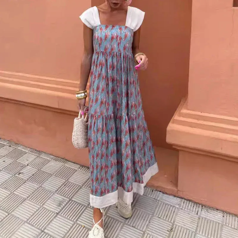 Sexy Square Neck Floral Print Party Pleated Bohemian Elegant Slim Long Summer Lady Dress