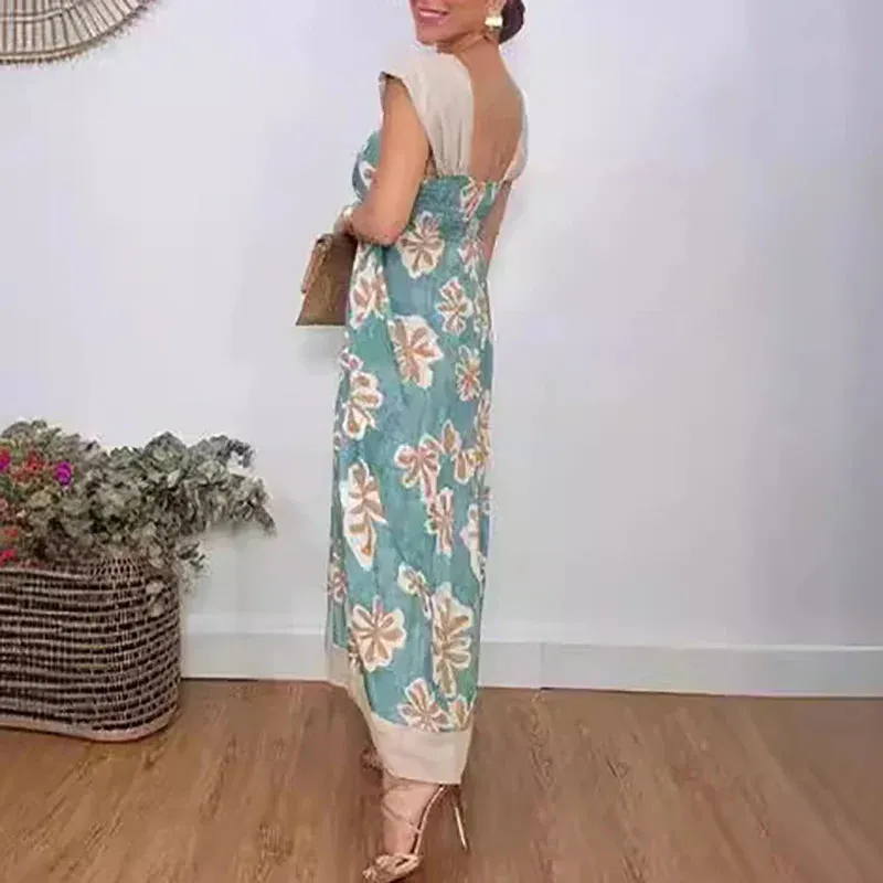 Sexy Square Neck Floral Print Party Pleated Bohemian Elegant Slim Long Summer Lady Dress