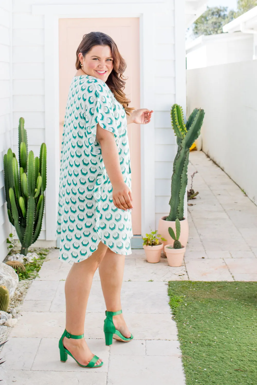 Short Kaftan Dress - Green Geo