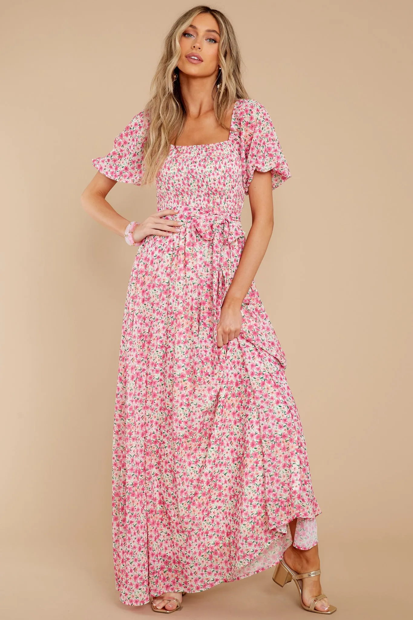 Showers Of Roses Pink Floral Print Maxi Dress