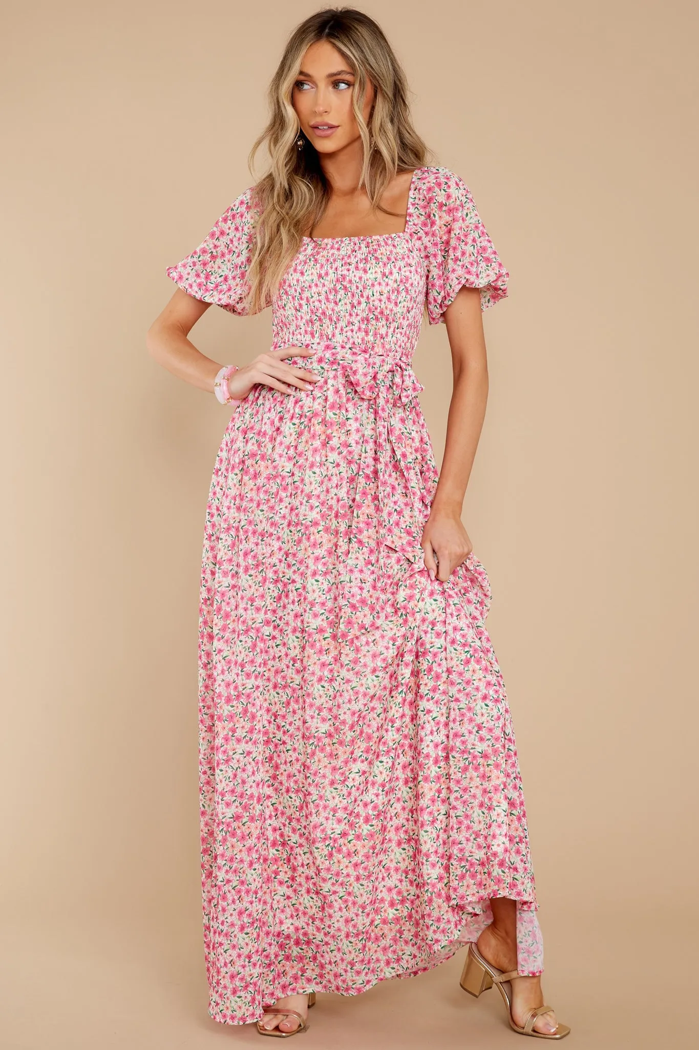 Showers Of Roses Pink Floral Print Maxi Dress