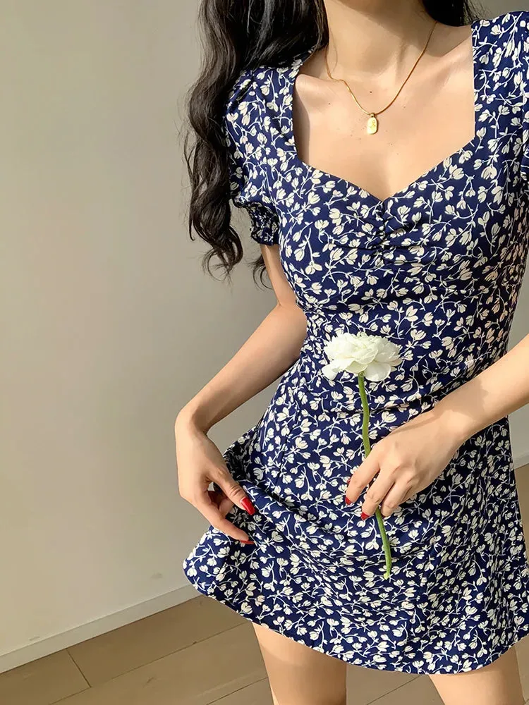 Sleeve Short Elegant Print High-Waist Collar Floral Puff Square French Dress