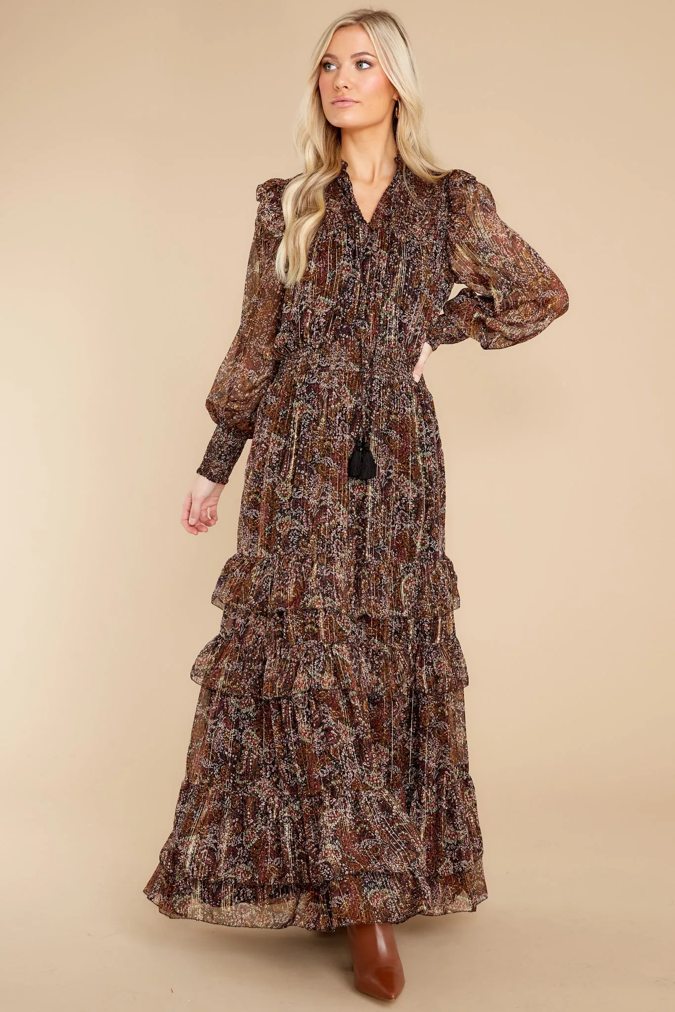 Smocked Metallic Floral Long Sleeve Ruffle Dress