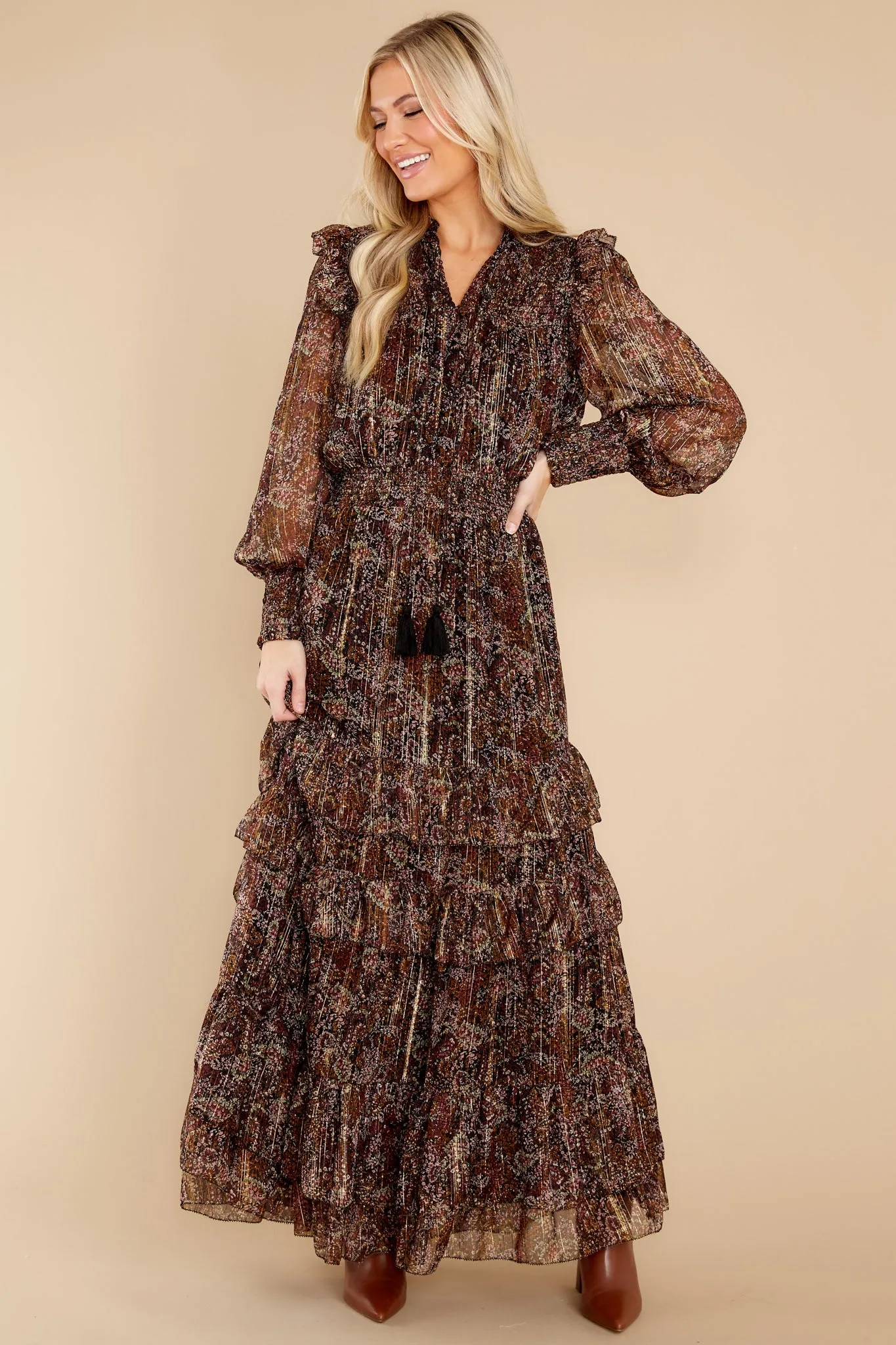 Smocked Metallic Floral Long Sleeve Ruffle Dress