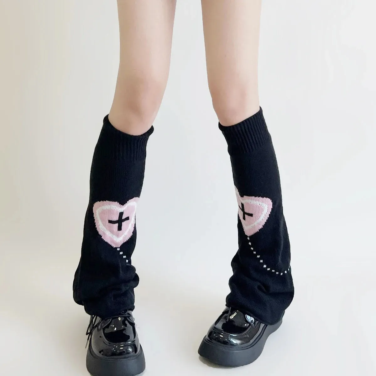 Sohiwoo Double Knitted Leg Cover Love Cross Hot Girl Y2k Wide Leg Socks Polyester Punk Leg Warmers  Harajuku Y2K Gothic AB Leg Socks