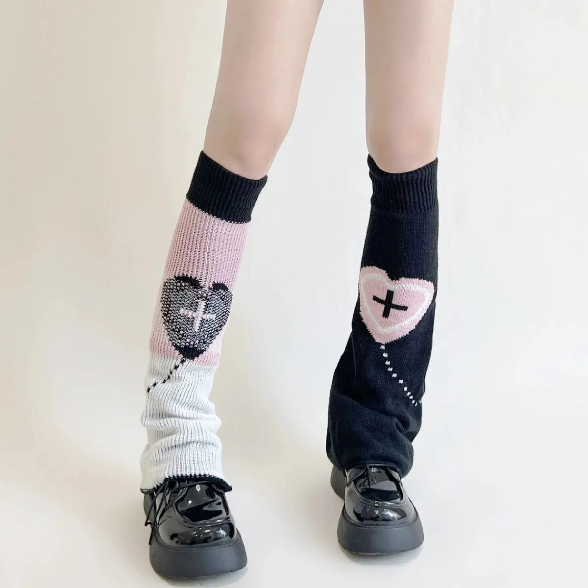 Sohiwoo Double Knitted Leg Cover Love Cross Hot Girl Y2k Wide Leg Socks Polyester Punk Leg Warmers  Harajuku Y2K Gothic AB Leg Socks