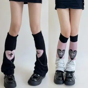 Sohiwoo Double Knitted Leg Cover Love Cross Hot Girl Y2k Wide Leg Socks Polyester Punk Leg Warmers  Harajuku Y2K Gothic AB Leg Socks