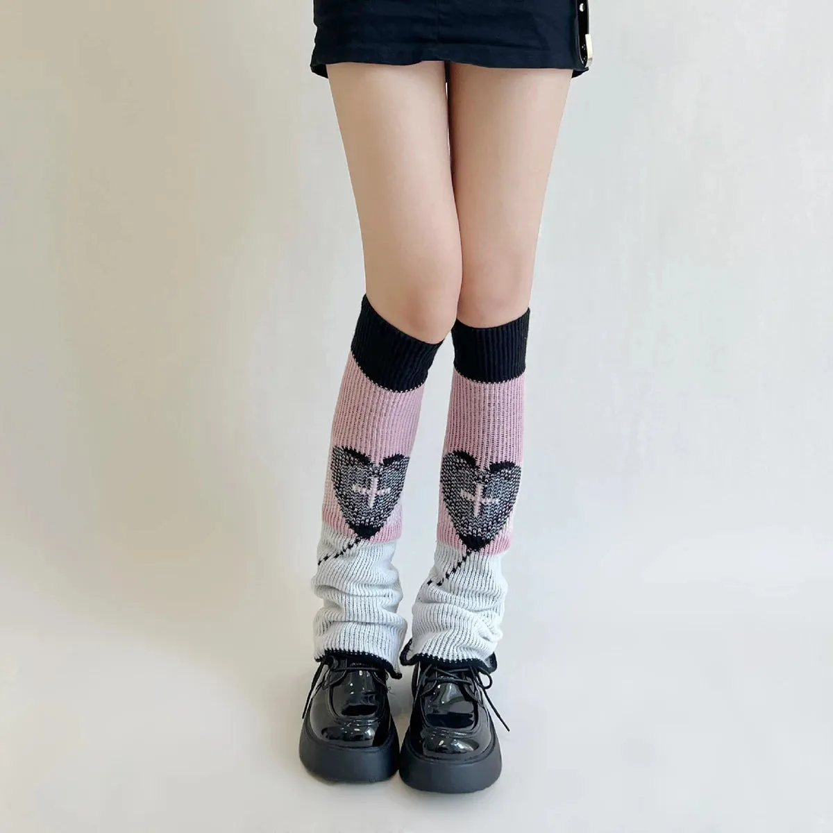 Sohiwoo Double Knitted Leg Cover Love Cross Hot Girl Y2k Wide Leg Socks Polyester Punk Leg Warmers  Harajuku Y2K Gothic AB Leg Socks