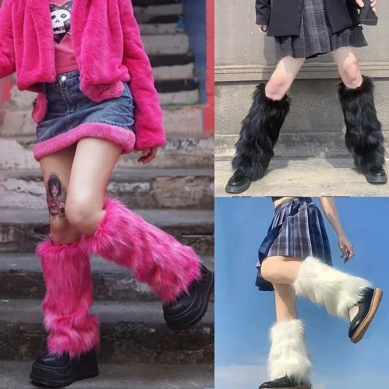 Sohiwoo Faux Fur Leg Warmers Jk Boots Socks Women Harajuku Y2k Lolita Rave Fluffies Boot Cover Fur Winter Spice Warming Foot Sleeve