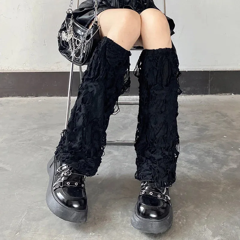 Sohiwoo Gothic Ripped Leg Socks Jk Women Dark Punk Leg Warmer Y2k Beggars Socks with Holes Party Harajuku Leg Cover Boot Cuff Socks