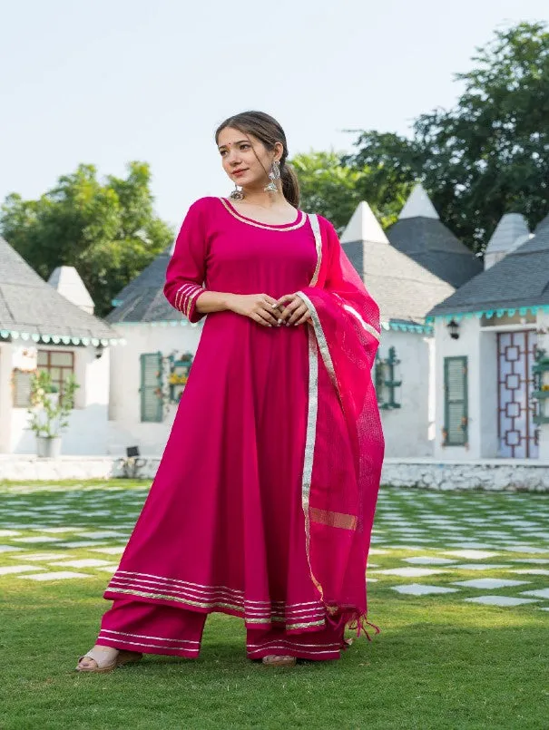 Solid Rani Pink Gota Patti Rayon & Chanderi Anarkali Set (Set of 3)