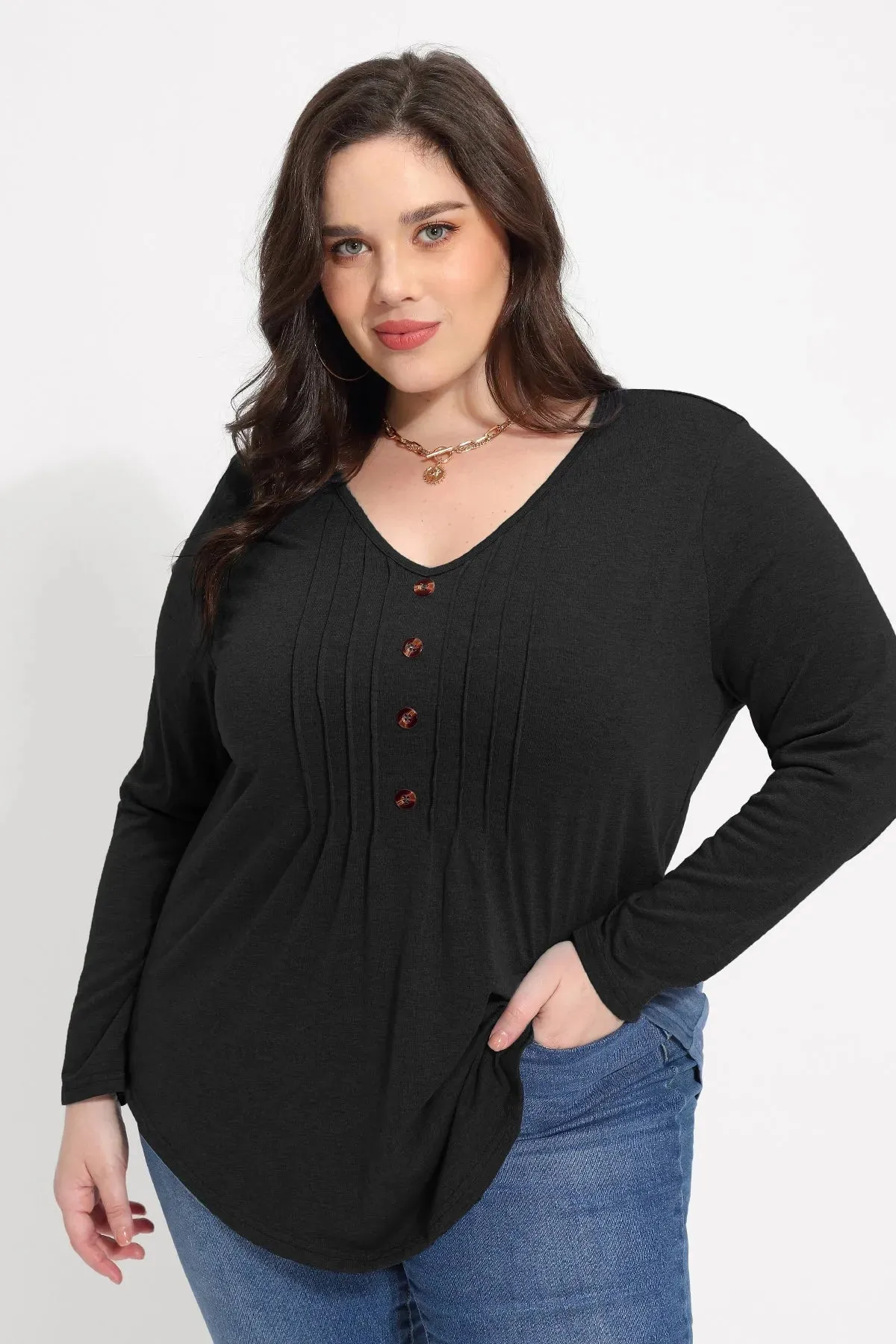 Solid V-neck Button Loose Pleated Tunic T-Shirt