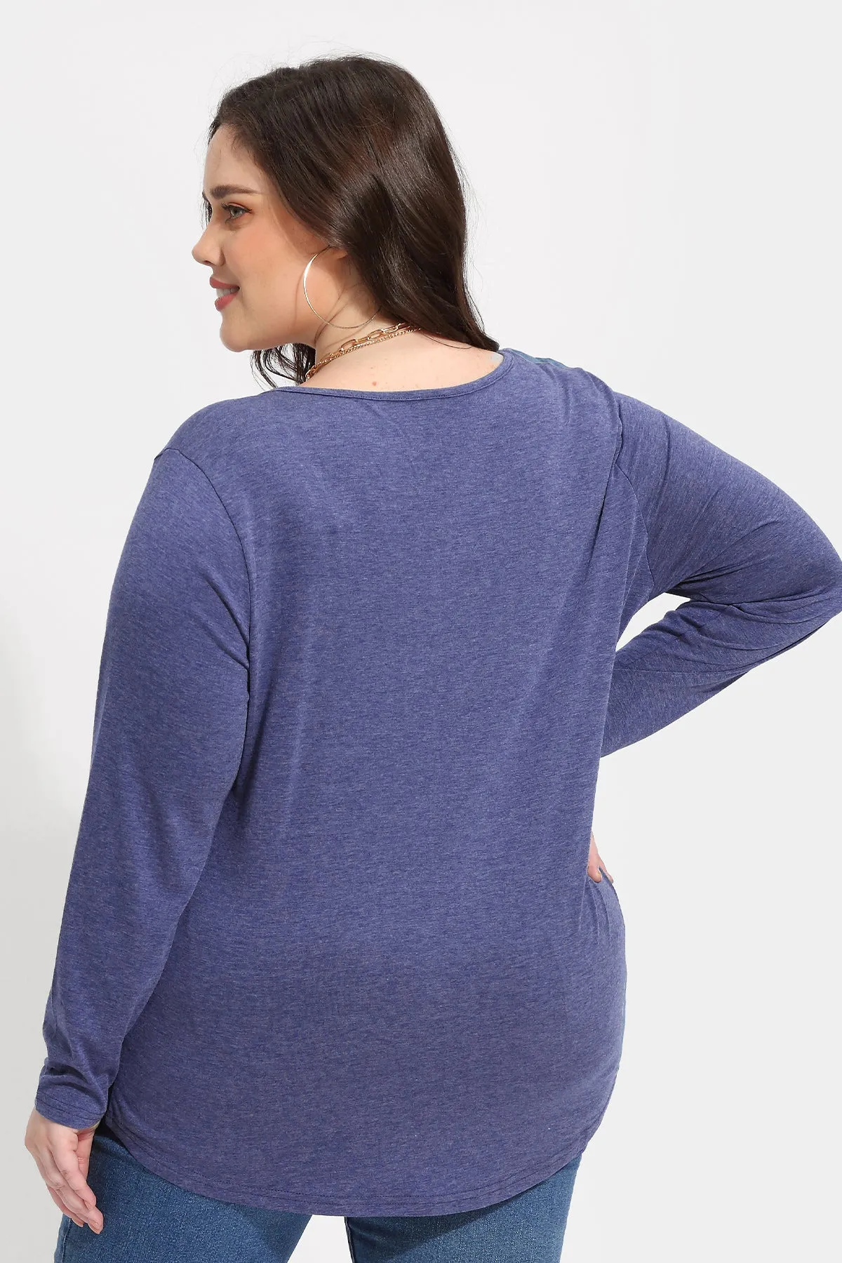 Solid V-neck Button Loose Pleated Tunic T-Shirt