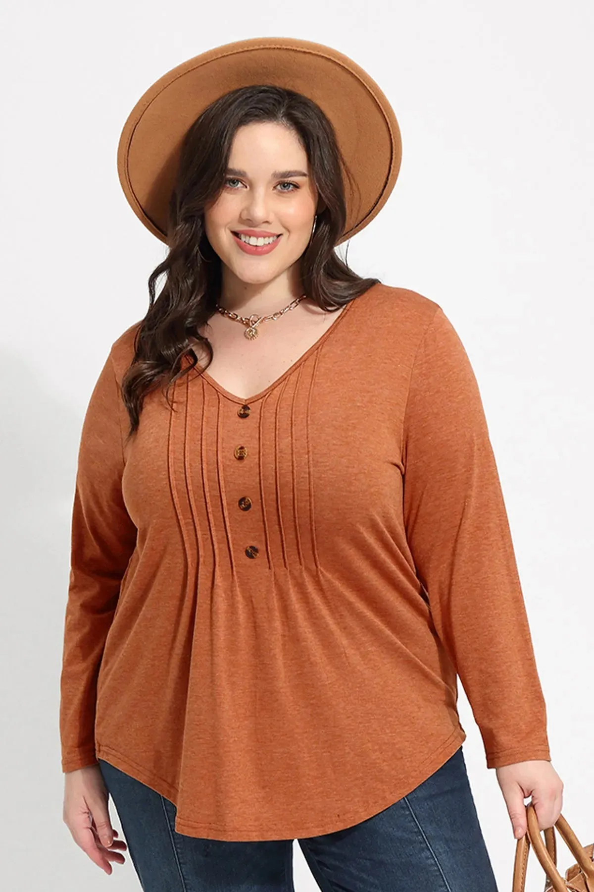 Solid V-neck Button Loose Pleated Tunic T-Shirt