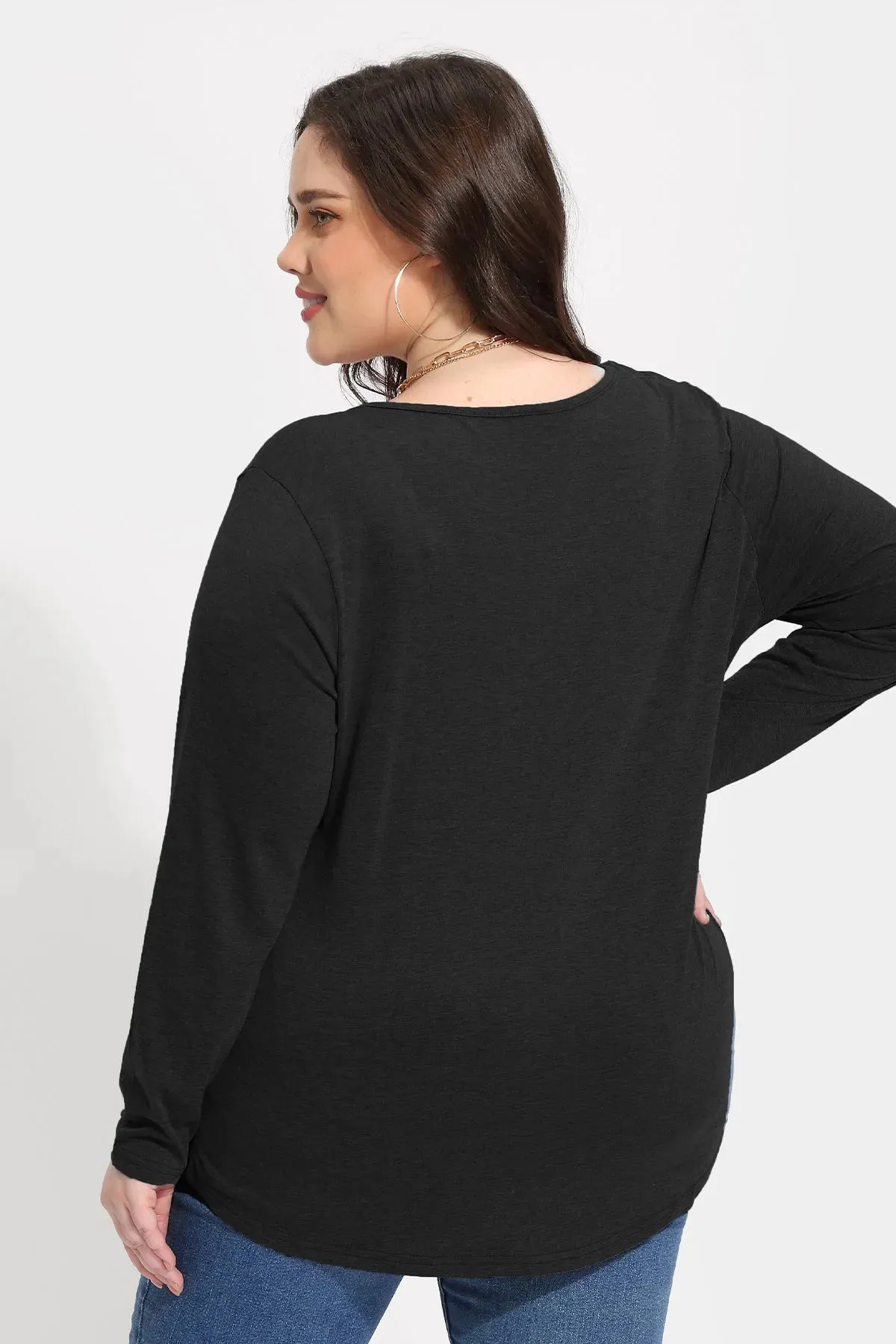 Solid V-neck Button Loose Pleated Tunic T-Shirt