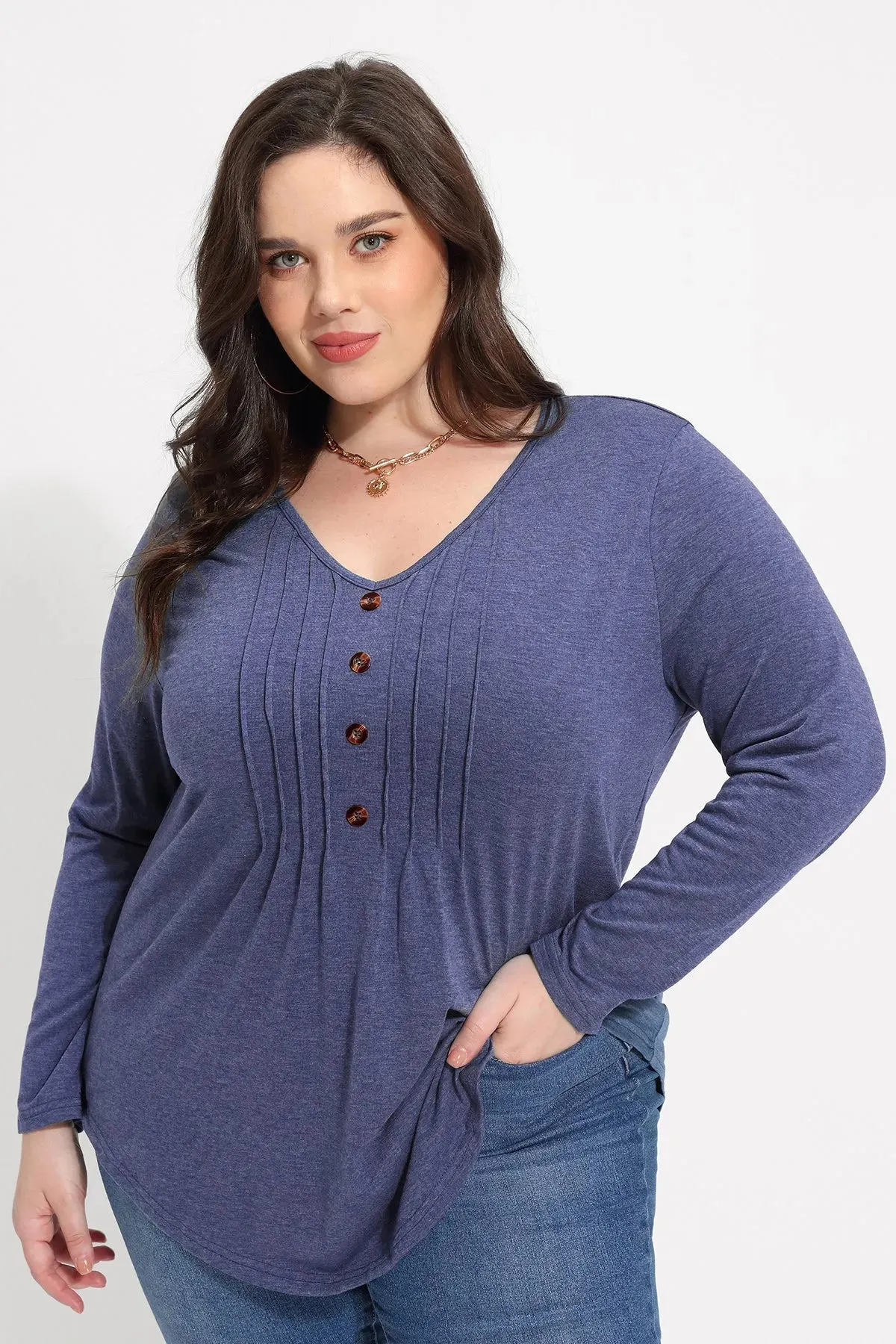 Solid V-neck Button Loose Pleated Tunic T-Shirt