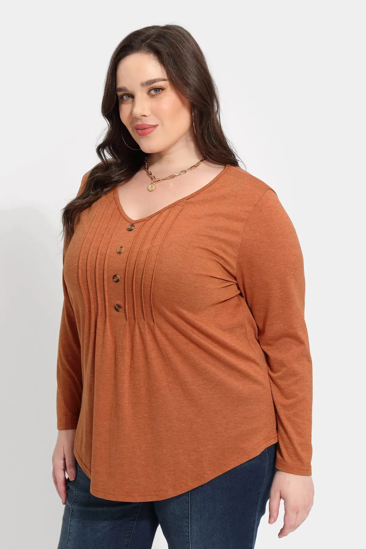 Solid V-neck Button Loose Pleated Tunic T-Shirt