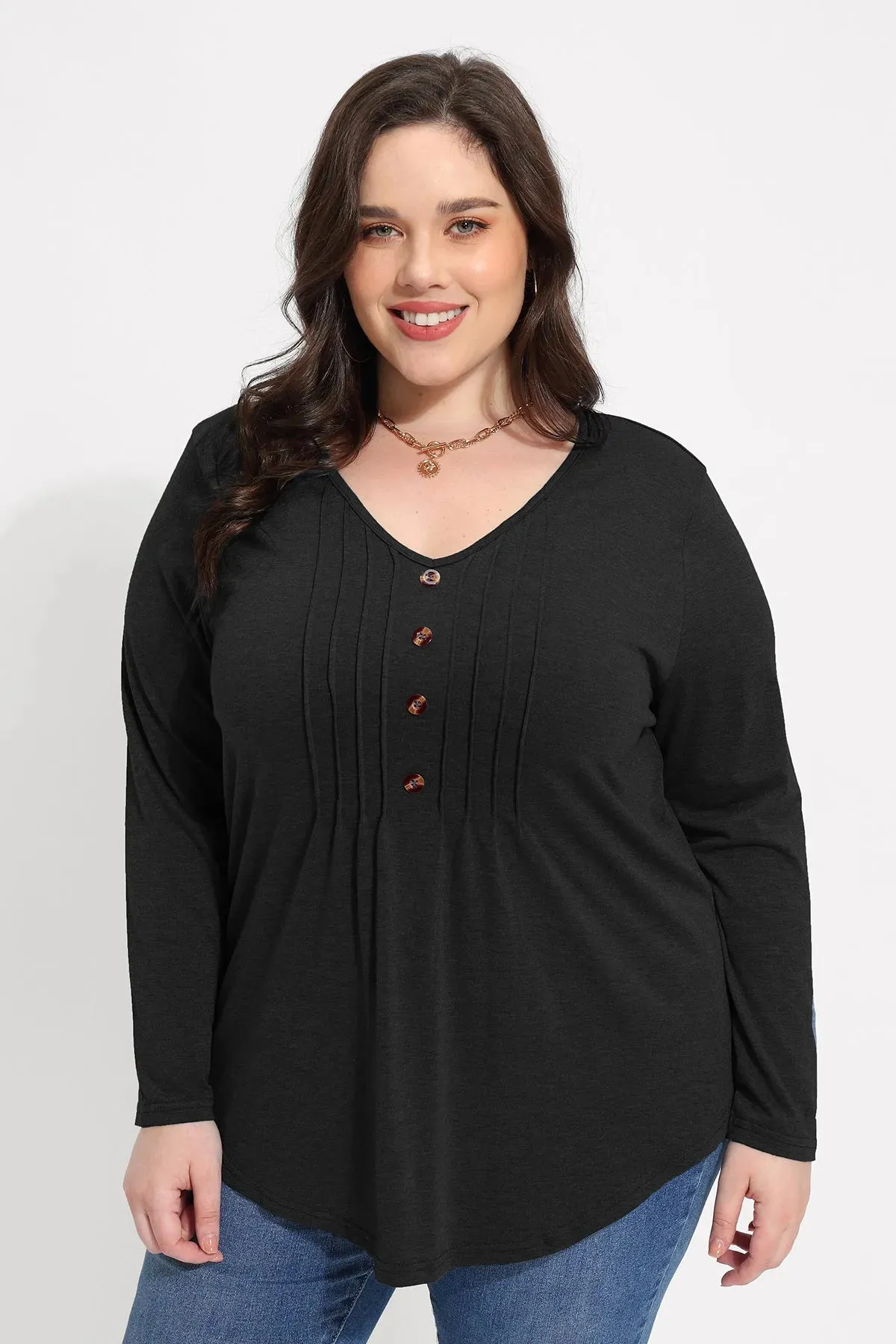 Solid V-neck Button Loose Pleated Tunic T-Shirt