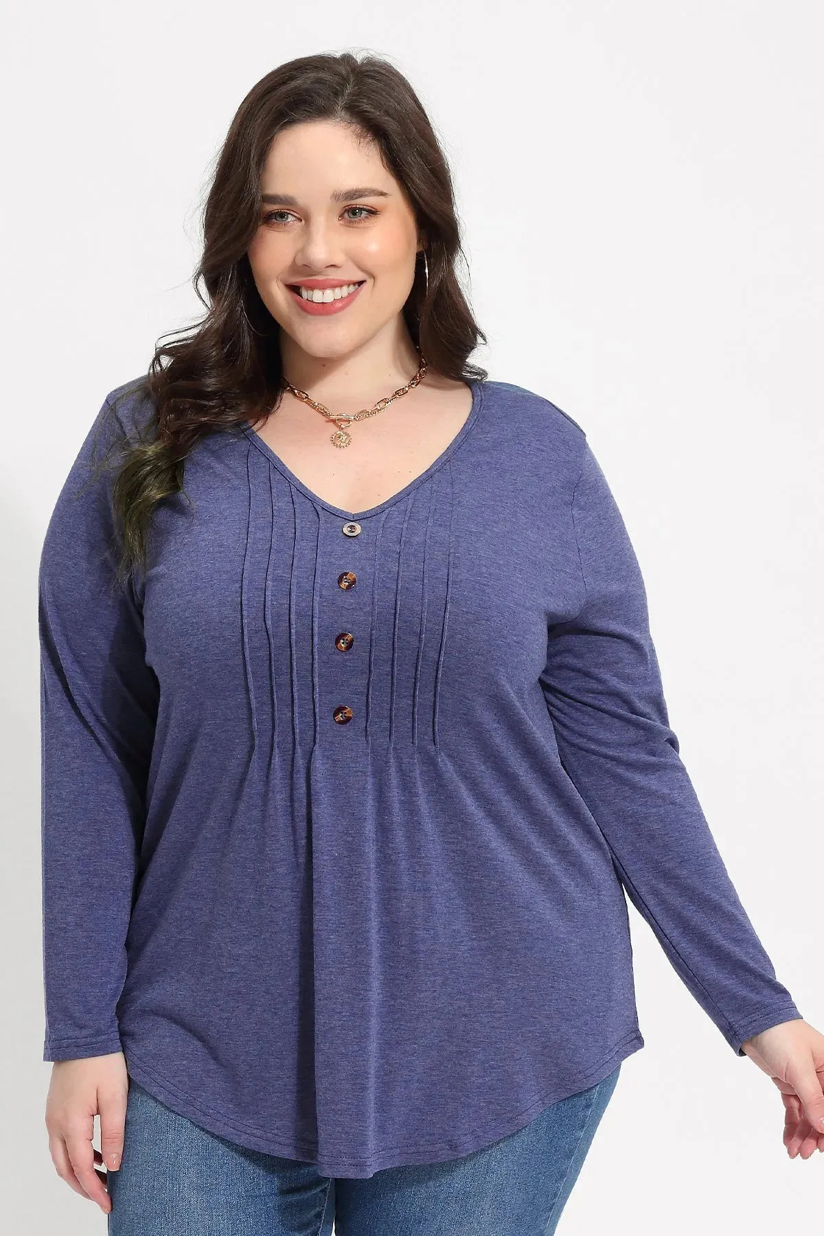 Solid V-neck Button Loose Pleated Tunic T-Shirt