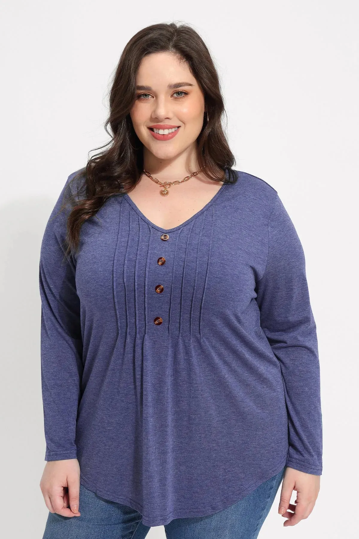 Solid V-neck Button Loose Pleated Tunic T-Shirt