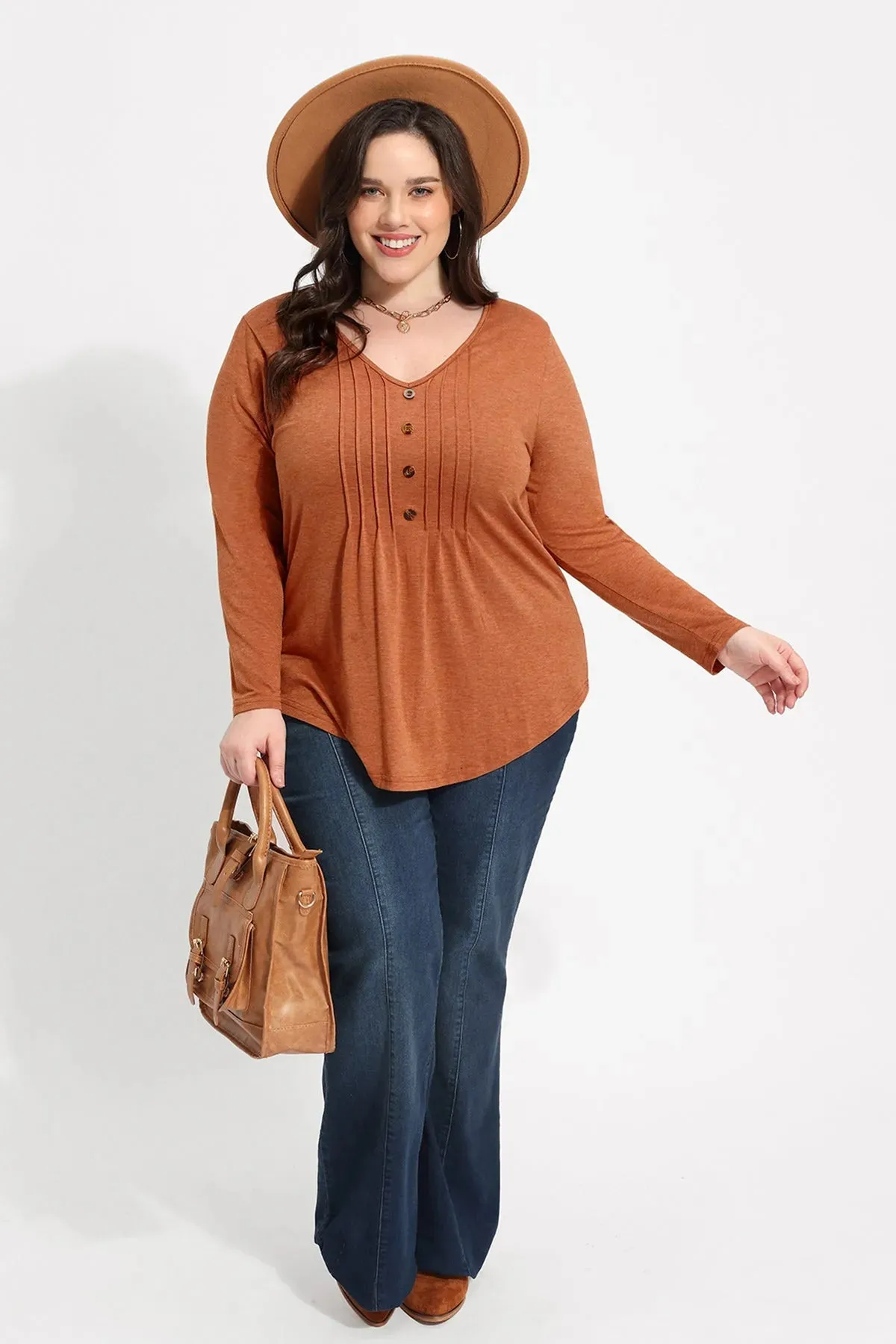 Solid V-neck Button Loose Pleated Tunic T-Shirt