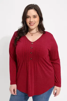 Solid V-neck Button Loose Pleated Tunic T-Shirt