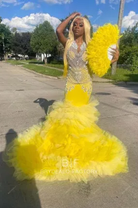 Sparkly Rhinestones Sleeveless Yellow Tulle Trumpet Long Train Prom Dress