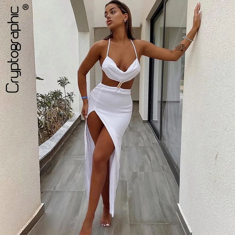 Straps Backless Split Maxi Summer Holiday Elegant Cut Out Sleeveless Evening Club Party Solid Dress