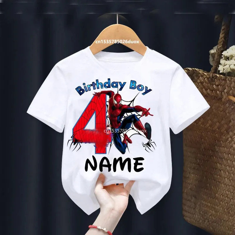 Summer 2024 Kid 2 3 4 5 6 7 8 Marvel Spiderman Girl Birthday Short Sleeve Shirt Spiderman Personalize Name Birthday Boy T-shirt