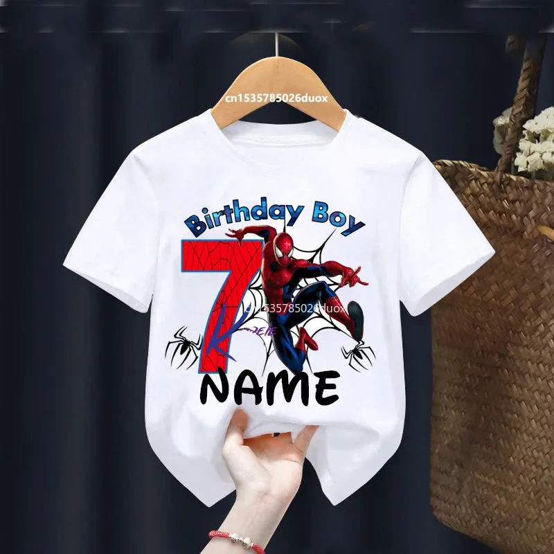 Summer 2024 Kid 2 3 4 5 6 7 8 Marvel Spiderman Girl Birthday Short Sleeve Shirt Spiderman Personalize Name Birthday Boy T-shirt